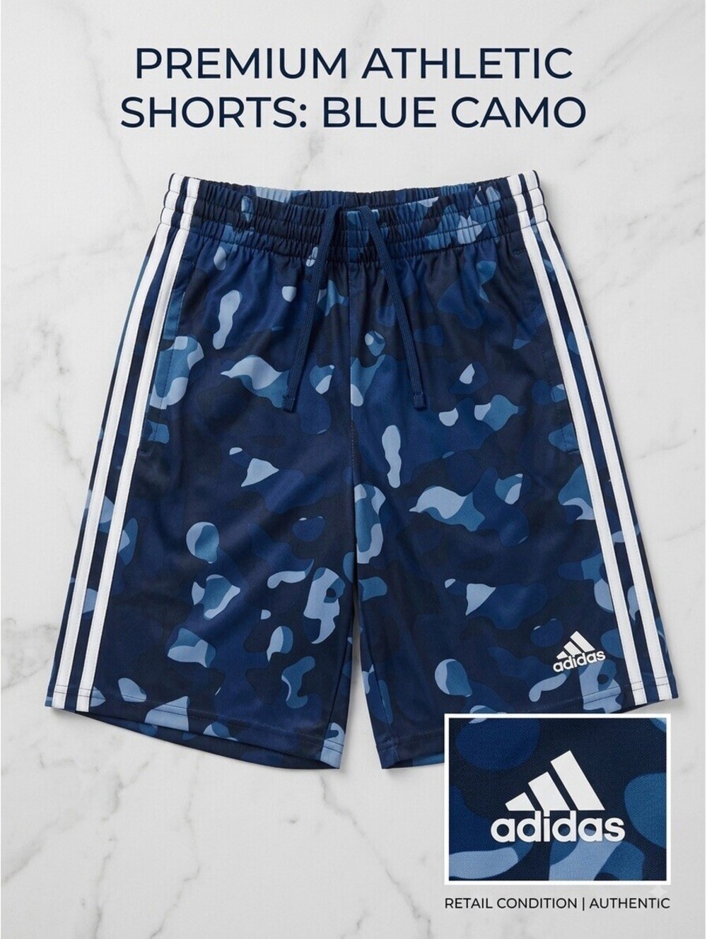 Adidas Boys Blue Camo Athletic Shorts Size M 10/12 Navy Striped Gym Basketball
